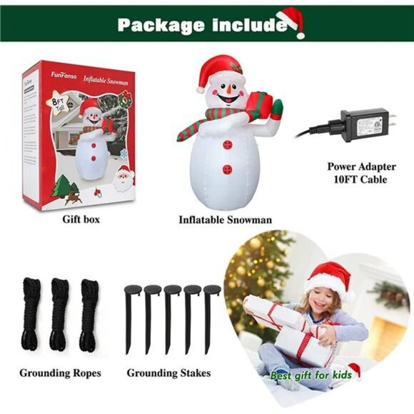 8FT Inflatables Snowman with Built-in Bright LED Lights, with Hat & Gift Box - Picture 5 of 6